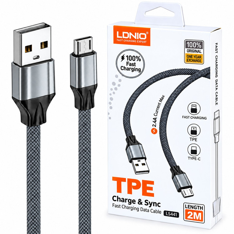 کابل میکرو یو اس بی فست شارژ 2.4 آمپر الدینیو LS441 به طول 2 متر/کابل فست شارژ MicroUSB الدینیو مدل LS441 (تخفیف ویژه)