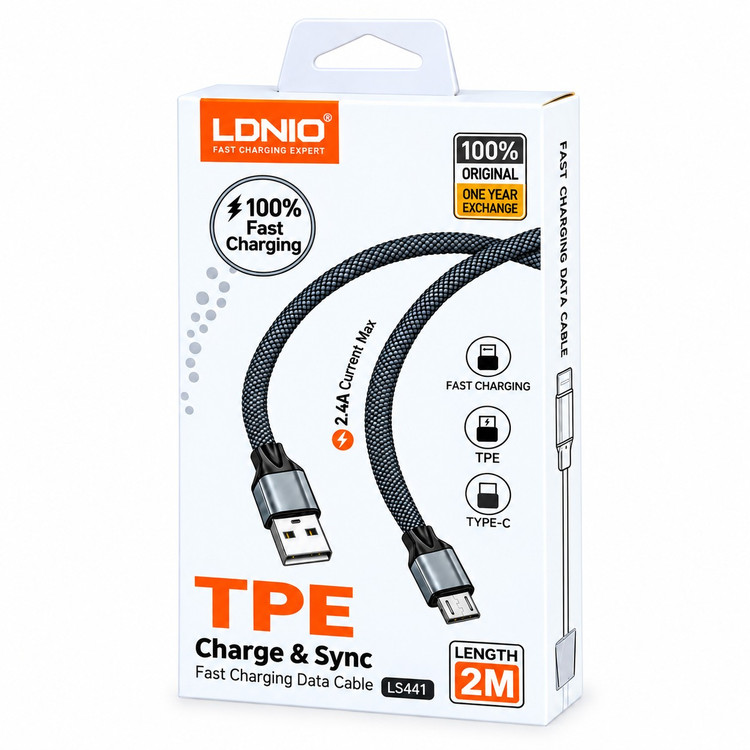 کابل میکرو یو اس بی فست شارژ 2.4 آمپر الدینیو LS441 به طول 2 متر/کابل فست شارژ MicroUSB الدینیو مدل LS441 (تخفیف ویژه)
