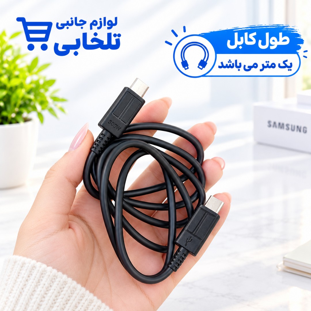 کابل شارژ اورجینال دو سر تایپ سی 300 وات سامسونگ S26 مدل SM-S9660 EGEU،به طول یک متر،ساخت ویتنام،فست شارژ (تخفیف ویژه)