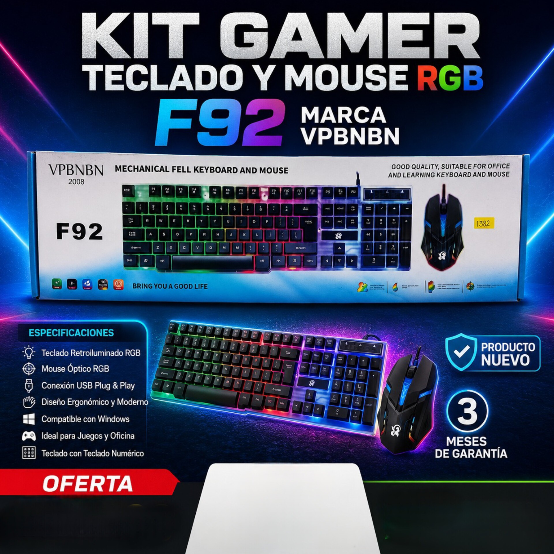 ست ماوس و کیبورد گیمینگ مدل F92 RGB دارای کلید های نرم و کم صدا،مناسب برای گیم،تایپ و استفاده روزمره (تخفیف ویژه)