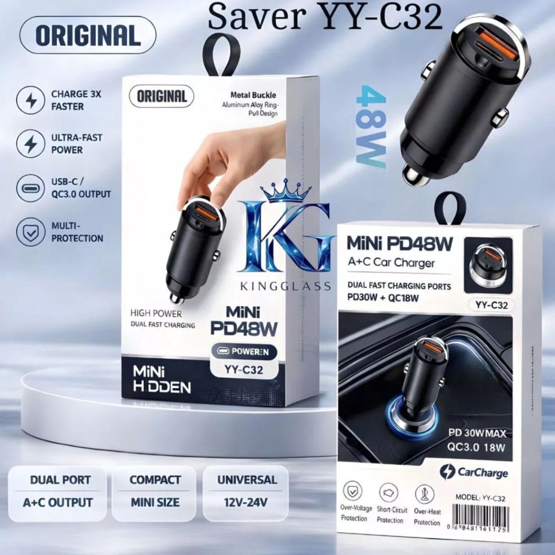 شارژر فندکی فست شارژ دو پورت YY-C32 QC3.0 18W/PD 30W MAX،شارژر فندکی مینی خودرو مدل YY-C32 با توان 30 وات (تخفیف ویژه)