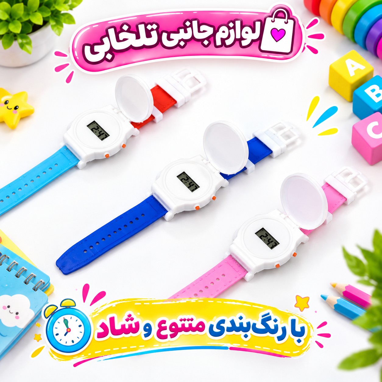 ساعت مچی دیجیتالی بچگانه درب دار (درب بازشو)،دارای ساعت و تقویم روزشمار،باتری قابل تعویض،با طرحهای کرومی،ملودی،استیج و..