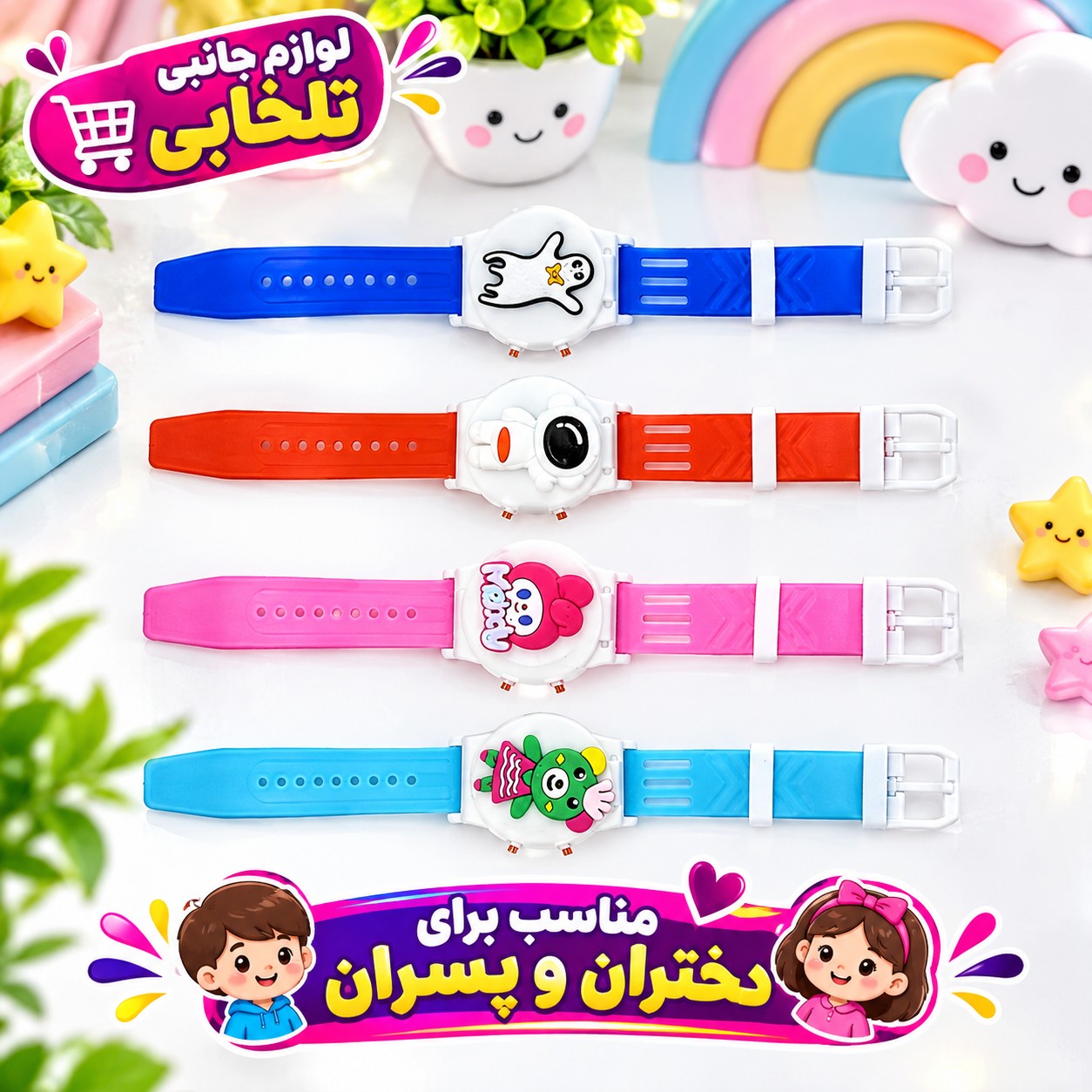 ساعت مچی دیجیتالی بچگانه درب دار (درب بازشو)،دارای ساعت و تقویم روزشمار،باتری قابل تعویض،با طرحهای کرومی،ملودی،استیج و..