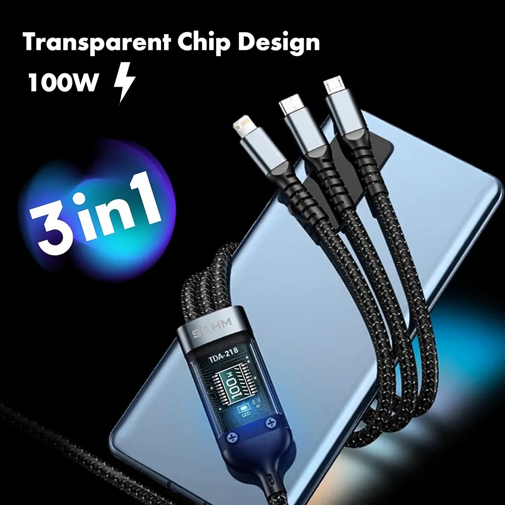 کابل شارژ سه کاره فست شارژ 100 وات TDA-218 به طول 1.2 متر/کابل تبدیل USB به تایپ سی،میکرو یو اس بی، لایتنینگ مدل TDA-218