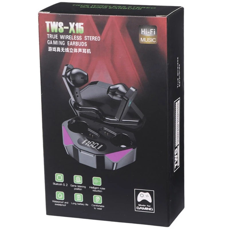 هندزفری بلوتوثی گیمینگ مدل TWS-X15 مجهز به سیستم کاهش نویز و دارای حالت Game،پشتیبانی از فناوری TWS،دارای نورپردازی زیبا