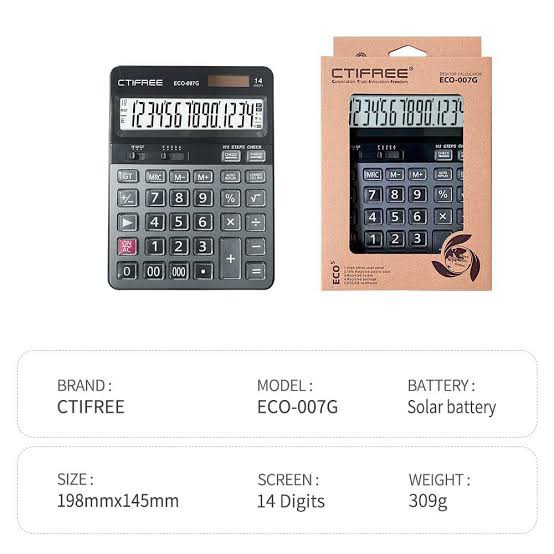 ماشین حساب رومیزی 14 رقم ستی فری مدل CTIFREE ECO-007G دارای پنل شارژ خورشیدی جهت کارکرد ماشین حساب بدون استفاده از باتری