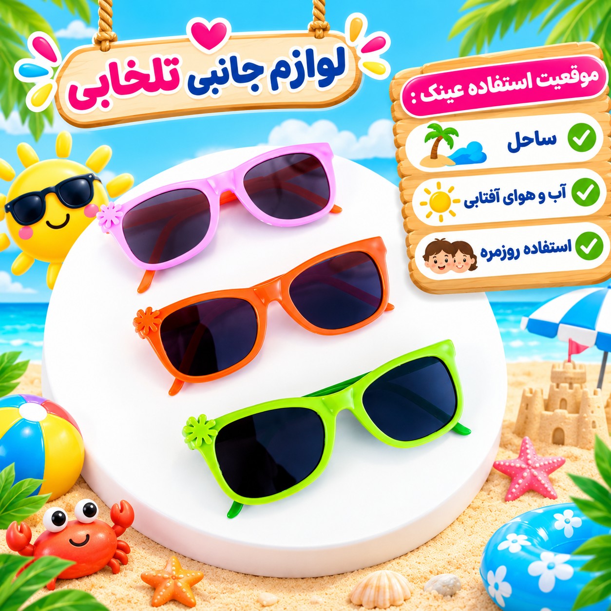 عینک آفتابی بچگانه (BENITA) مناسب برای سنین 3 تا 10 سال،دارای طراحی مخصوص صورت بچه ها،بسیار شکیل،کیفیت فوق العاده عالی