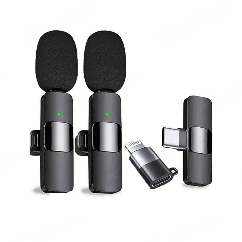 میکروفون یقه ای دوتایی وایرلس (بی سیم) مدل K9 به همراه رابط تایپ سی به لایتنینگ،مناسب مصاحبه،تولید محتوا،ضبط ویدئو و...