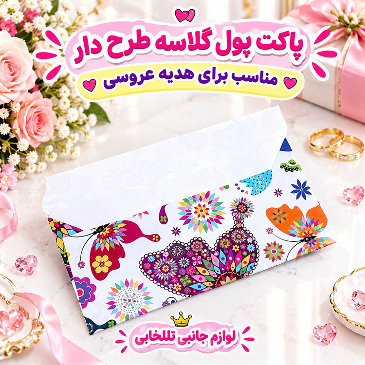پاکت پول گلاسه طرح دار مناسب برای هدیه عروسی (بسته 1 عددی)