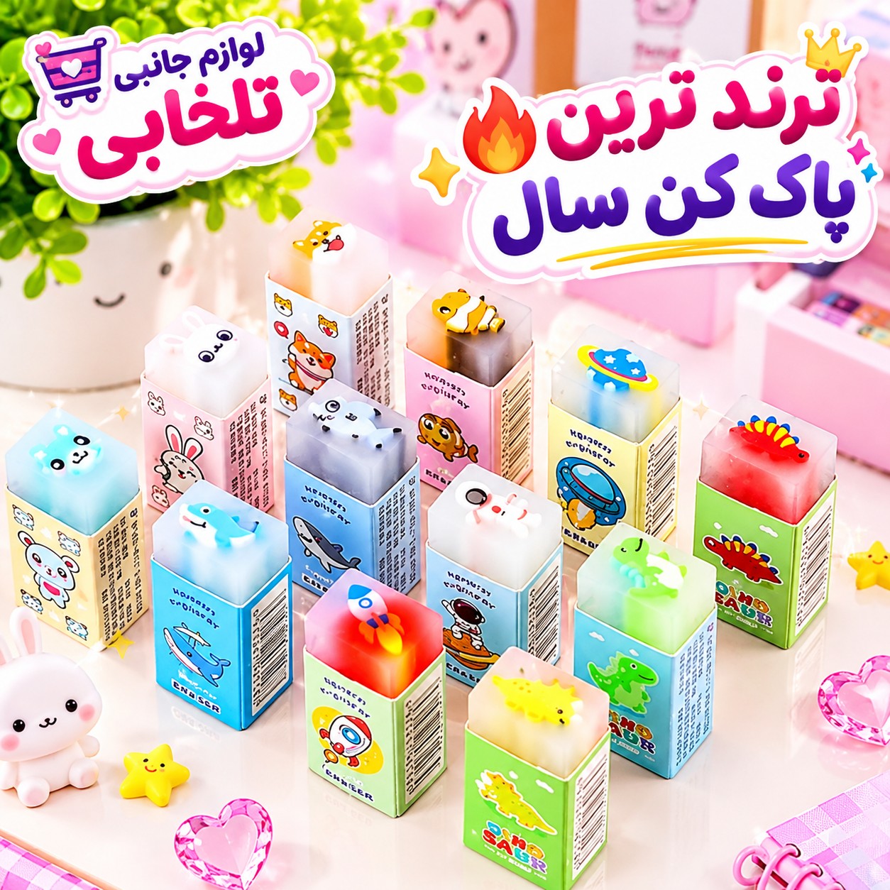 پاک کن معطر ژله ای مغزدار فانتزی و کیوت سانریو،پاک کن میوه ای پاستیلی مغزدار،ترند ترین مدل های کرومی،کیتی،سینمارول و...