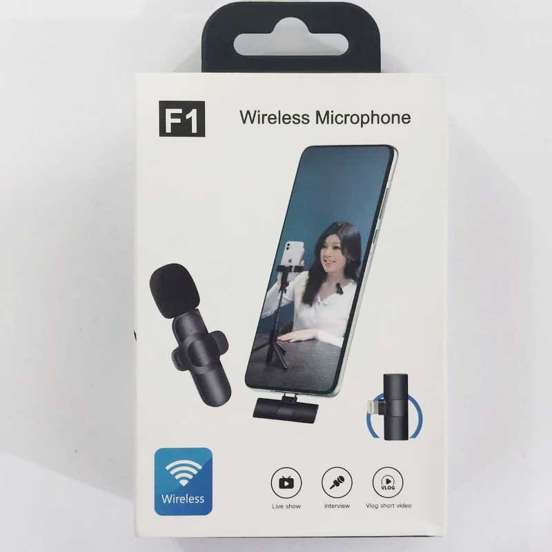میکروفون یقه ای بی سیم مدل F1،میکروفون یقه ای وایرلس مدل F1 با رابط آیفونی،مناسب جهت مصاحبه،تولید محتوا و ضبط ویدئو و...