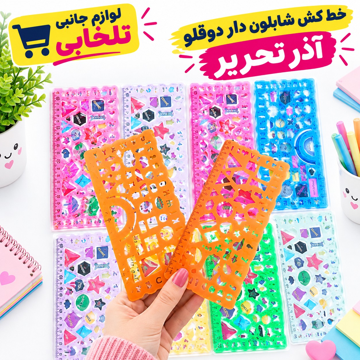 خط کش شابلون دار دوقلو آذر تحریر،دارای اشکال هندسی و فانتزی،دارای جنس نشکن و قابل انعطاف،دارای جنس مات،مجموعه 2 عددی