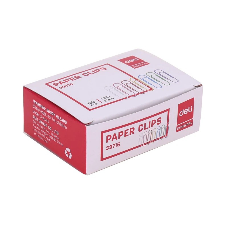 گیره کاغذ دلی مدل 39716 بسته 100 عددی،کلیپس رنگی 33 میلیمتر deli 39716 بسته 100 عددی