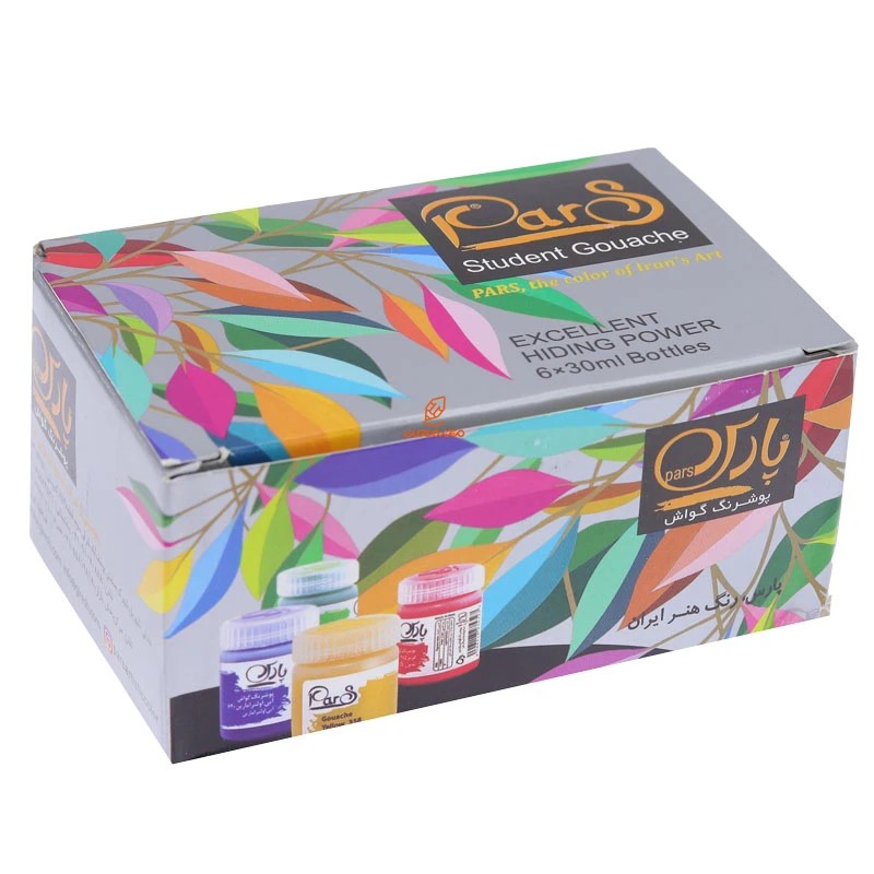 گواش 6 رنگ پارس PARS (دارای 6 رنگ اصلی سبز،سفید،مشکی،زرد،آبی،قرمز) قابل استفاده بر روی مقوا،کاغذ،چوب،سفال،بوم نقاشی و...