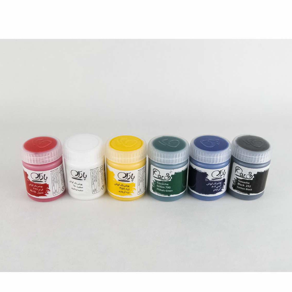 گواش 6 رنگ پارس PARS (دارای 6 رنگ اصلی سبز،سفید،مشکی،زرد،آبی،قرمز) قابل استفاده بر روی مقوا،کاغذ،چوب،سفال،بوم نقاشی و...