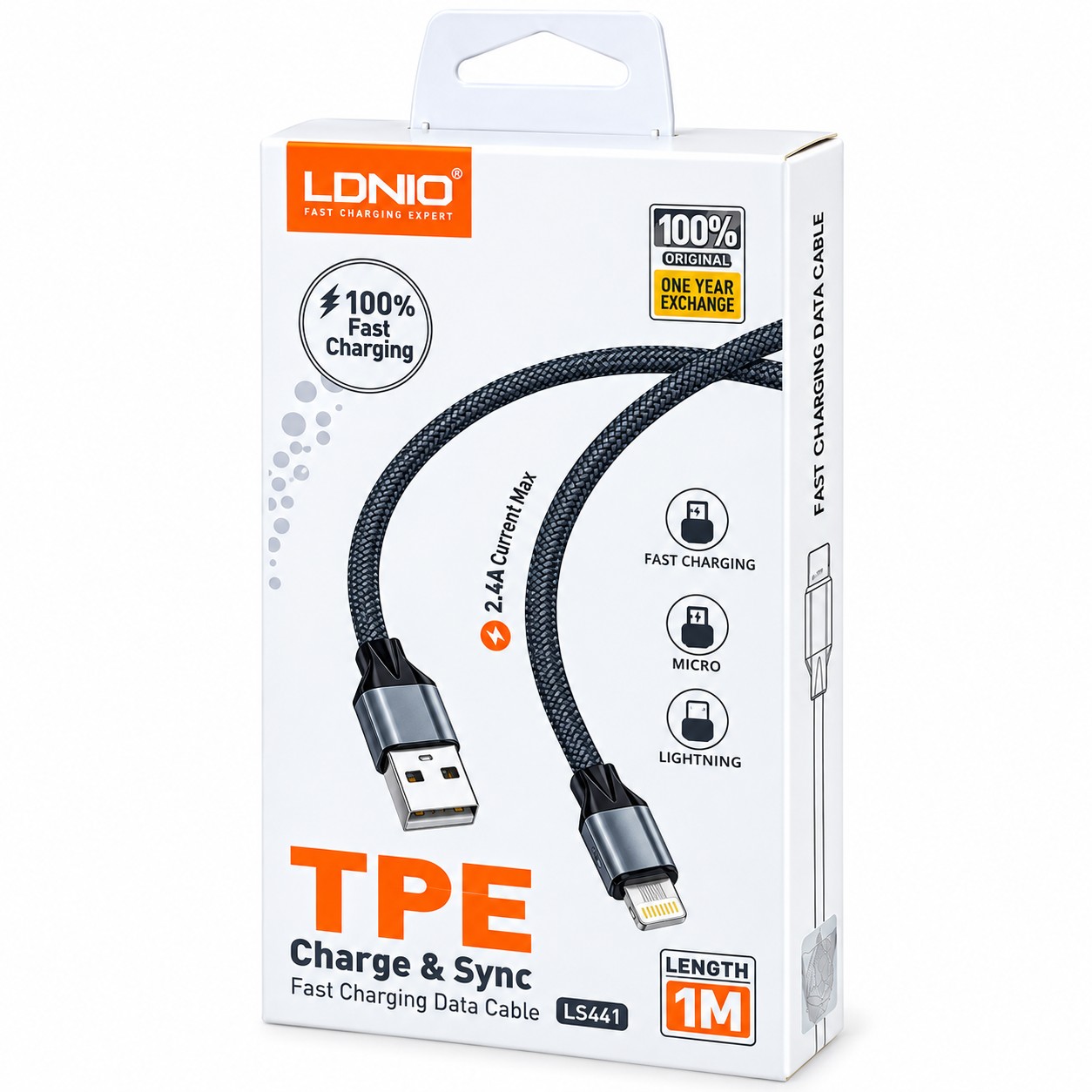کابل لایتنینگ فست شارژ 2.4 آمپر الدینیو LS441 طول 1 متر/کابل فست شارژ لایتنینگ LDNIO مدل LS441 با طول 100 سانتی متر