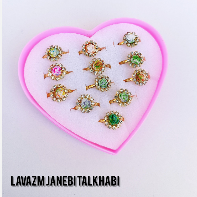 انگشتر فانتزی بچگانه طرح گل رز دورنگ پک 12 عددی