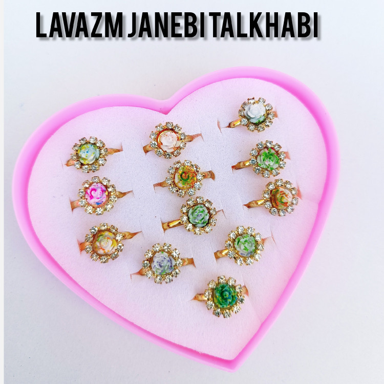 انگشتر فانتزی بچگانه طرح گل رز دورنگ پک 12 عددی