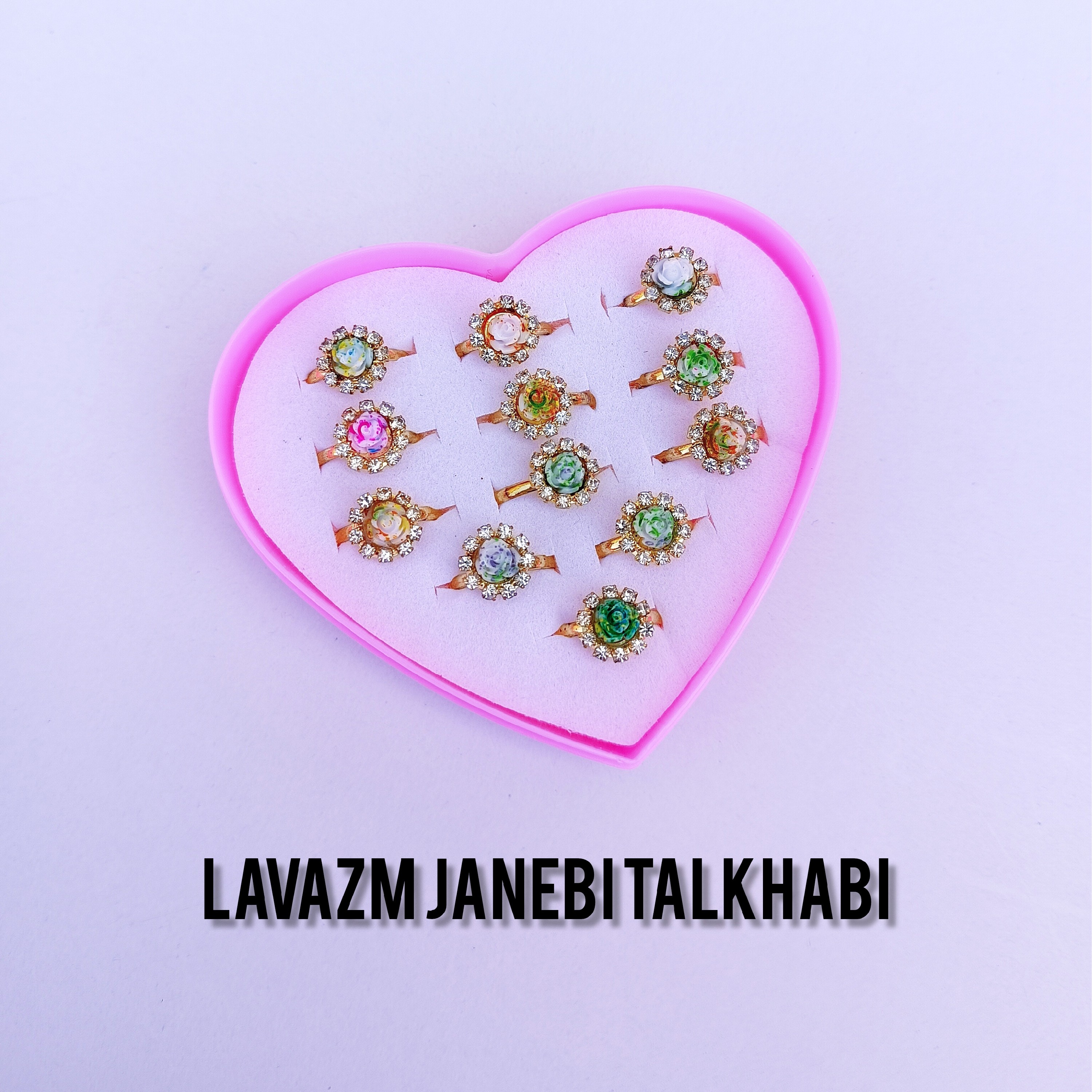 انگشتر فانتزی بچگانه طرح گل رز دورنگ پک 12 عددی