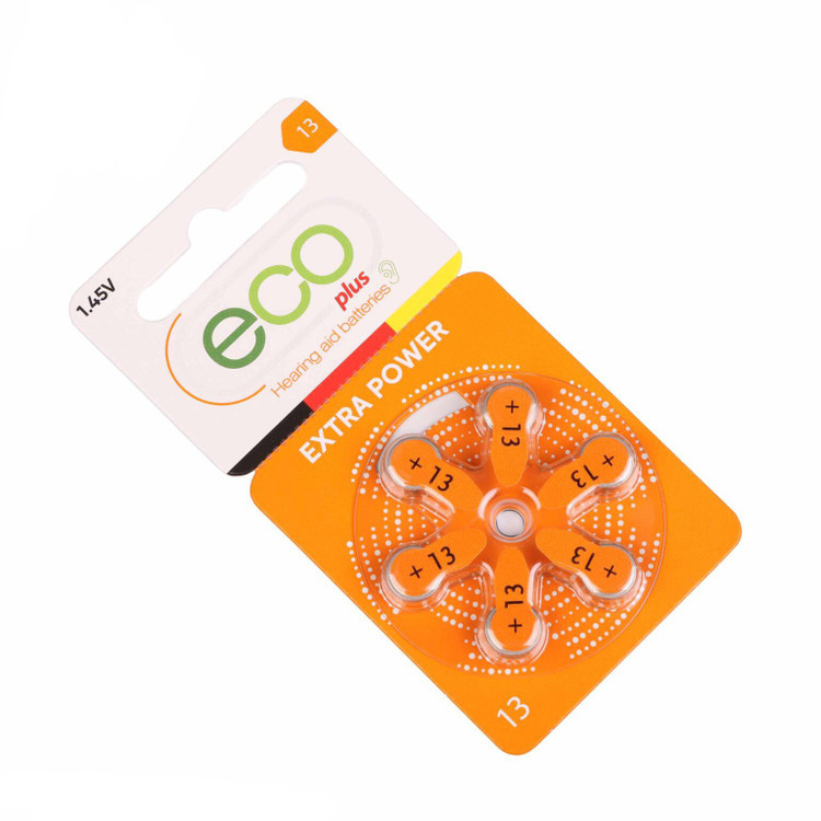 باتری سمعکی شماره 13 برند اکو پلاس (eco plus) با قابلیت ماندگاری طولانی،ساخت آلمان،شامل یک ورق 6 عددی (باطری سمعک)