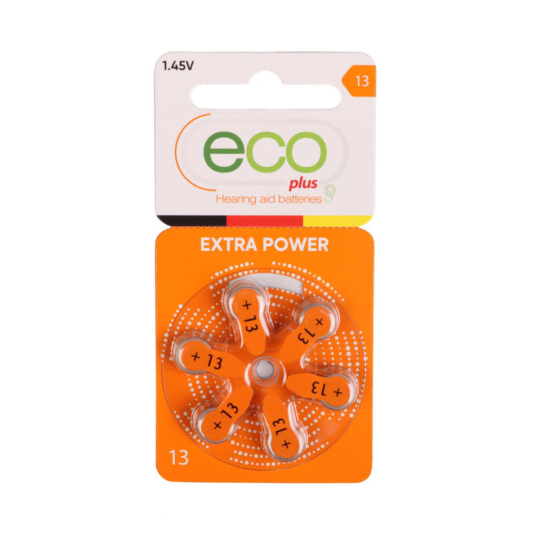 باتری سمعکی شماره 13 برند اکو پلاس (eco plus) با قابلیت ماندگاری طولانی،ساخت آلمان،شامل یک ورق 6 عددی (باطری سمعک)