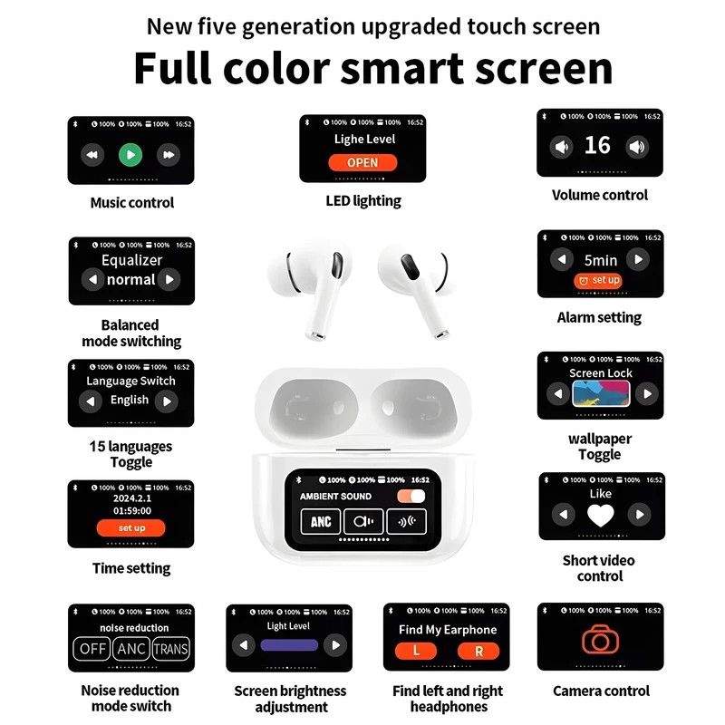 ایرپاد بلوتوثی صفحه دیجیتال نویزکنسلینگ سنسور مجاورت ANC-ENC ترنپرسی فعال مدل AirPods A9 Pro (تخفیف ویژه)