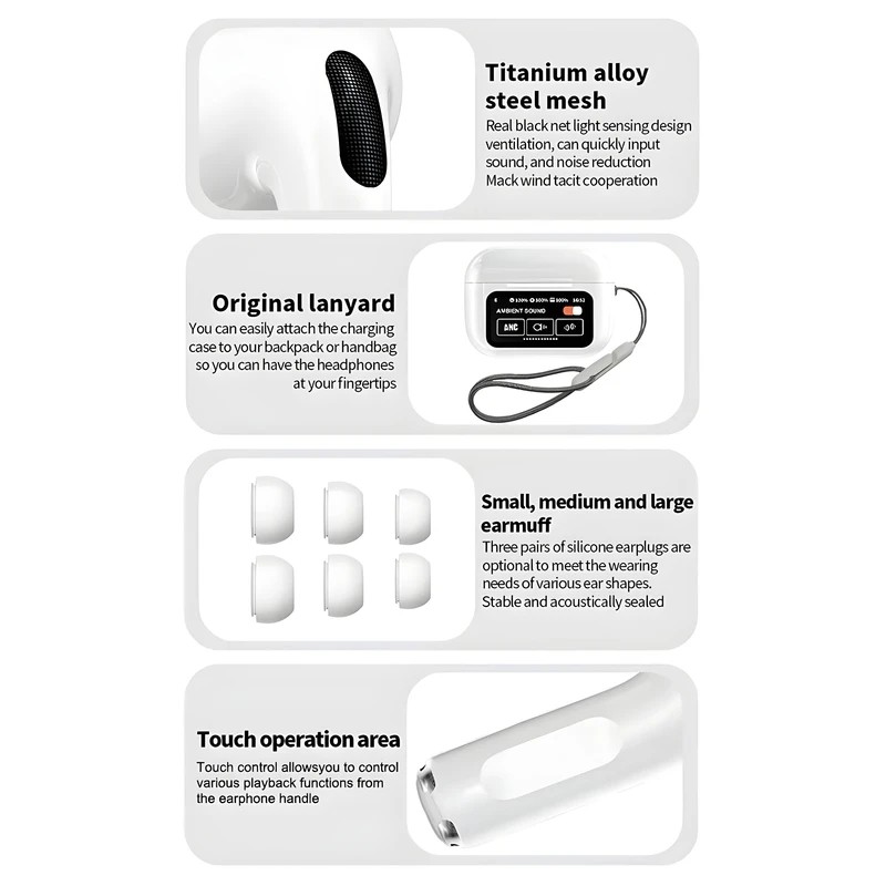 ایرپاد بلوتوثی صفحه دیجیتال نویزکنسلینگ سنسور مجاورت ANC-ENC ترنپرسی فعال مدل AirPods A9 Pro (تخفیف ویژه)