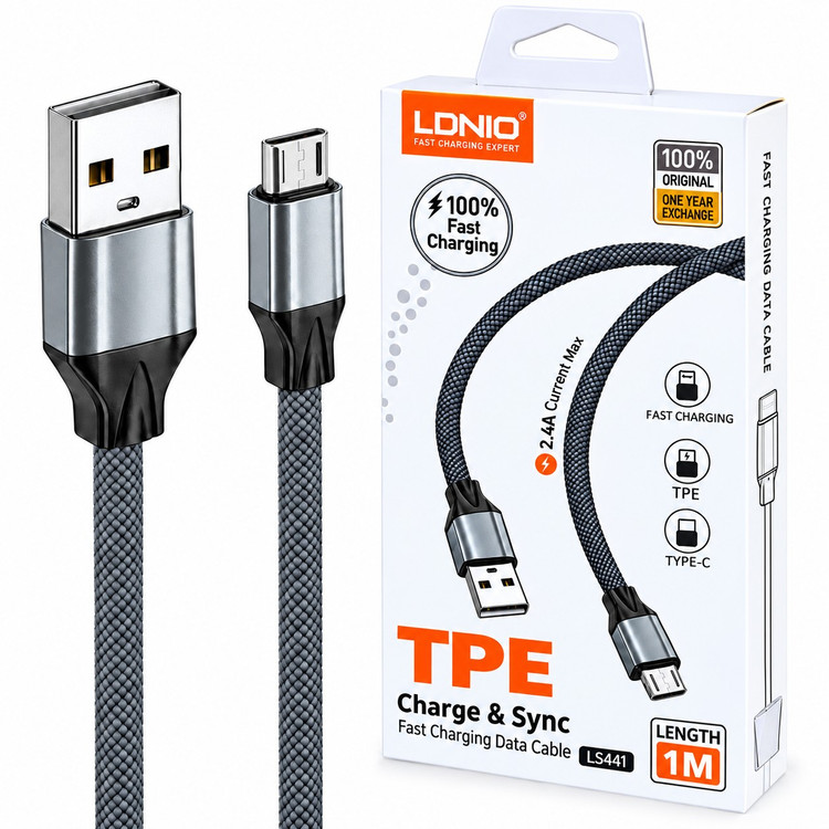 کابل میکرو یو اس بی فست شارژ 2.4 آمپر الدینیو LS441 به طول 1 متر/کابل فست شارژ MicroUSB الدینیو مدل LS441 (تخفیف ویژه)