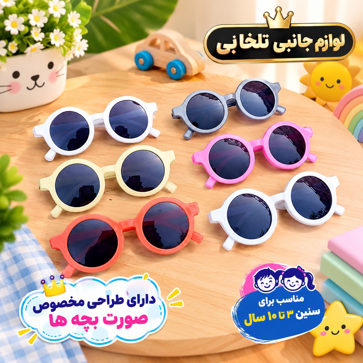 عینک آفتابی بچگانه طرح گرد مناسب برای سنین 3 تا 10 سال،دارای طراحی مخصوص صورت بچه ها،بسیار شکیل،کیفیت فوق العاده عالی