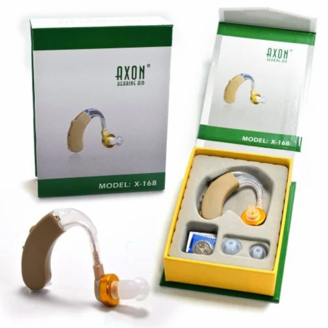 سمعک آنالوگ باتری خور (پشت گوش) برند AXON مدل X-168،رنگ کرم،بدون نیاز به قالب گیری،مناسب برای تمامی سنین،کیفیت صدا عالی