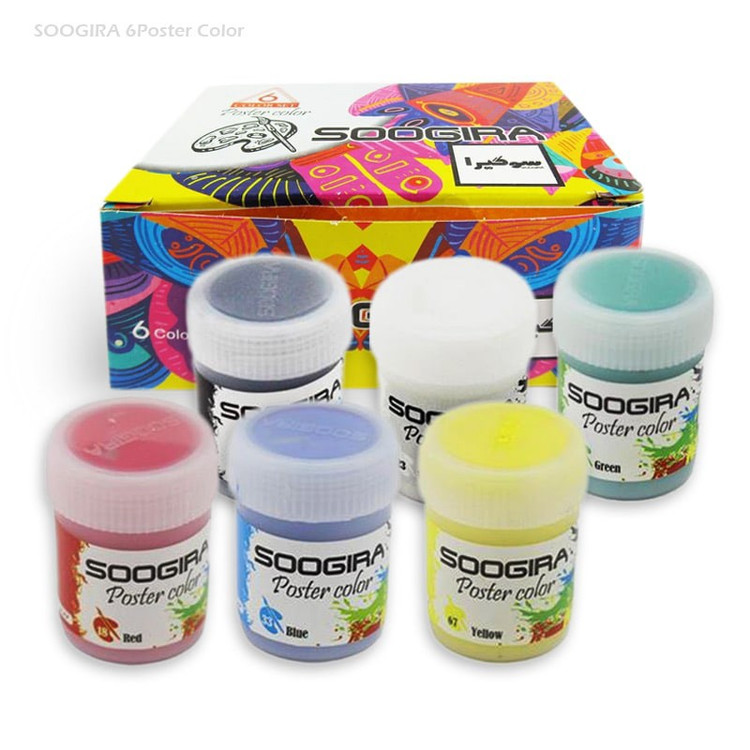 گواش 6 رنگ سوگیرا SOOGIRA (دارای 6 رنگ اصلی سبز،سفید،مشکی،زرد،آبی،قرمز) قابل استفاده بر روی مقوا،کاغذ،چوب،سفال و...