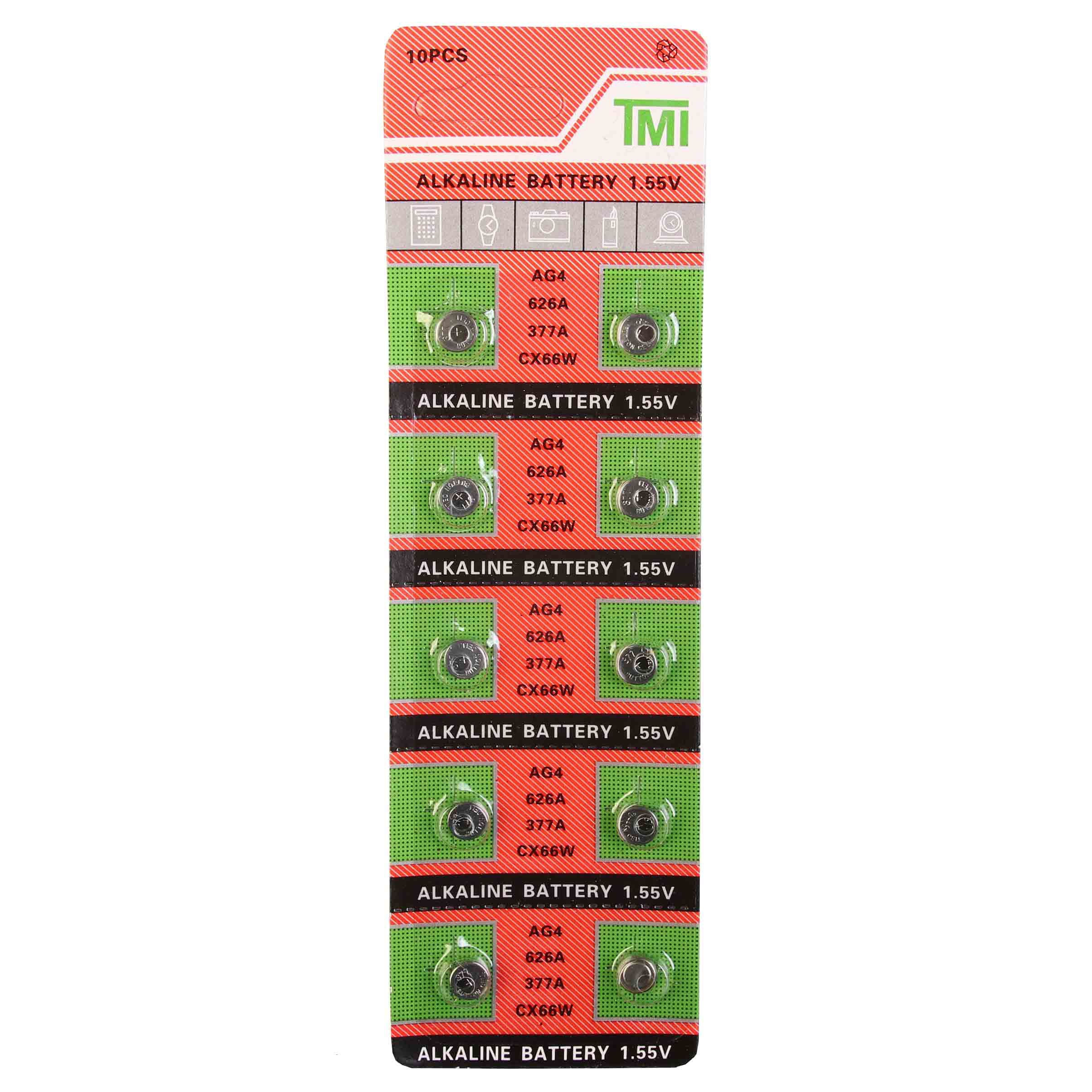 باتری ساعتی آلکالاین TMI مدل AG4/626A/377A/CX66W مناسب برای اسباب بازی،ساعت مچی و سایر دستگاه های دیجیتالی (پک 10 عددی)