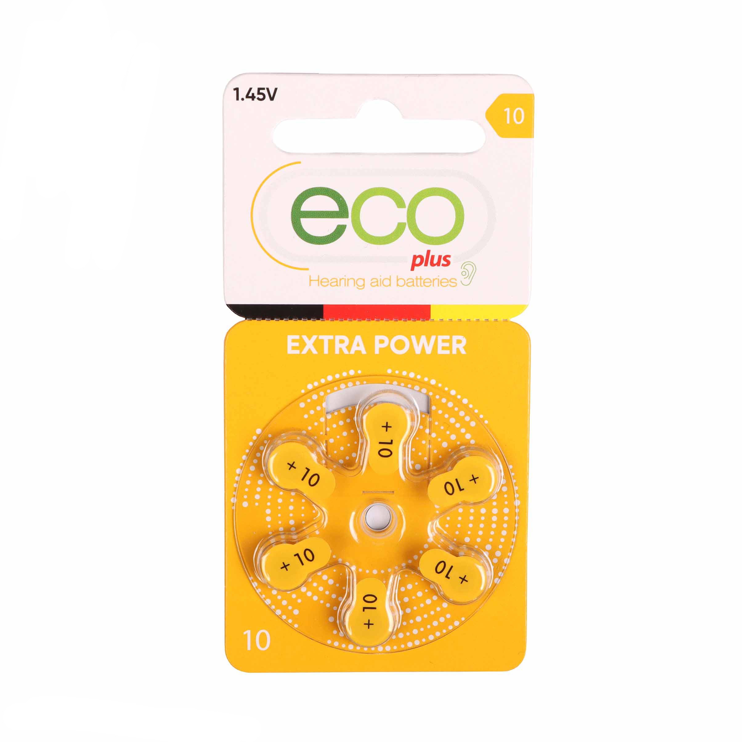باتری سمعکی شماره 10 برند اکو پلاس (eco plus) با قابلیت ماندگاری طولانی،ساخت آلمان،شامل یک ورق 6 عددی (باطری سمعک)