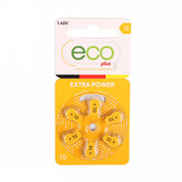 باتری سمعکی شماره 10 برند اکو پلاس (eco plus) با قابلیت ماندگاری طولانی،ساخت آلمان،شامل یک ورق 6 عددی (باطری سمعک)