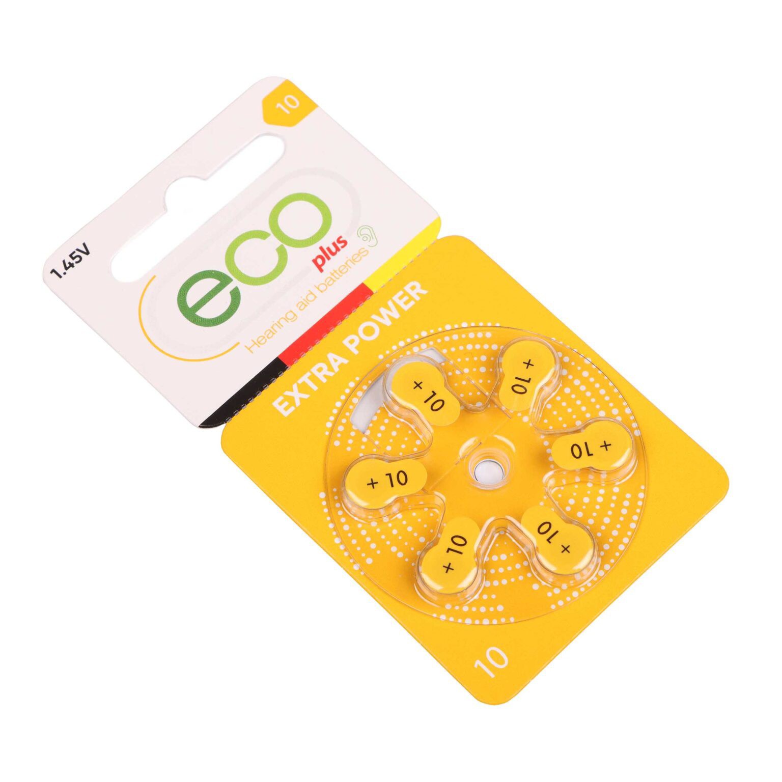 باتری سمعکی شماره 10 برند اکو پلاس (eco plus) با قابلیت ماندگاری طولانی،ساخت آلمان،شامل یک ورق 6 عددی (باطری سمعک)