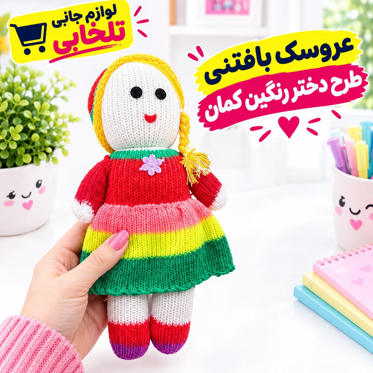 عروسک بافتنی طرح دختر رنگین کمان مدل R1 مناسب برای هدیه دادن (بسته 1 عددی)