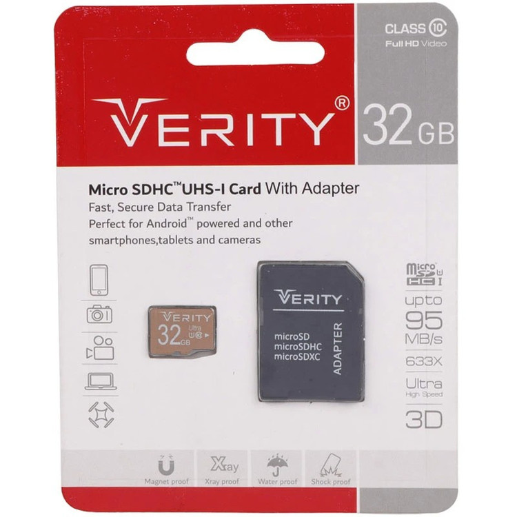 رم میکرو 32 گیگ وریتی Verity 633X U1 C10 95MB/s + خشاب / رم میکرو اس دی،کلاس 10 سرعت بالا با ظرفیت 32 گیگابایت