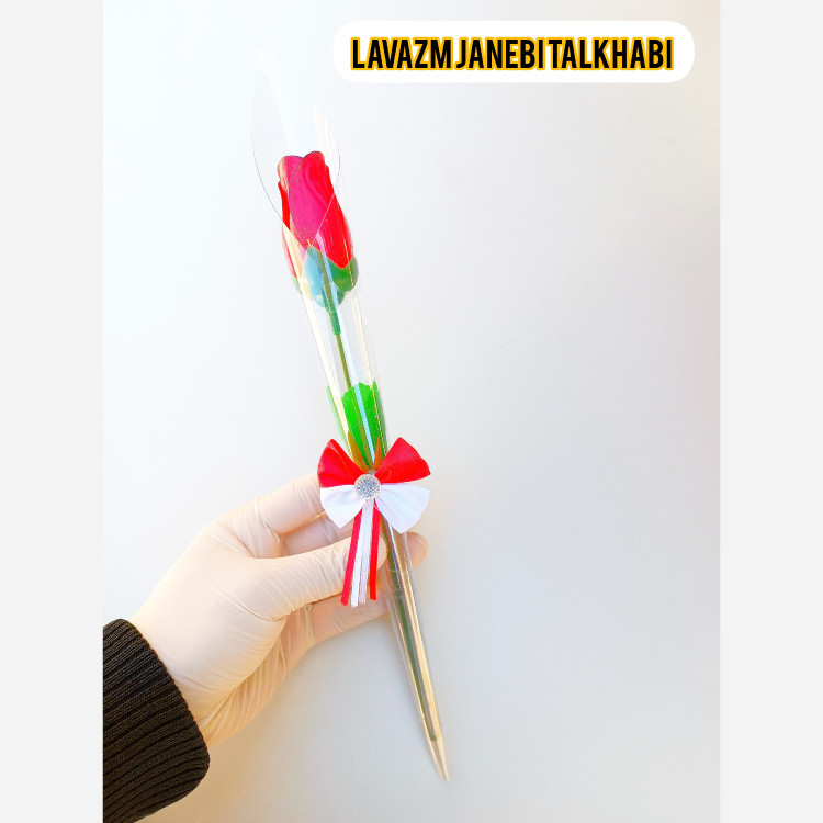 شاخه گل رز مصنوعی پاپیون دار طلقی گرد،مناسب برای کادو دادن،مناسب برای هدیه روز معلم بسته 1 عددی