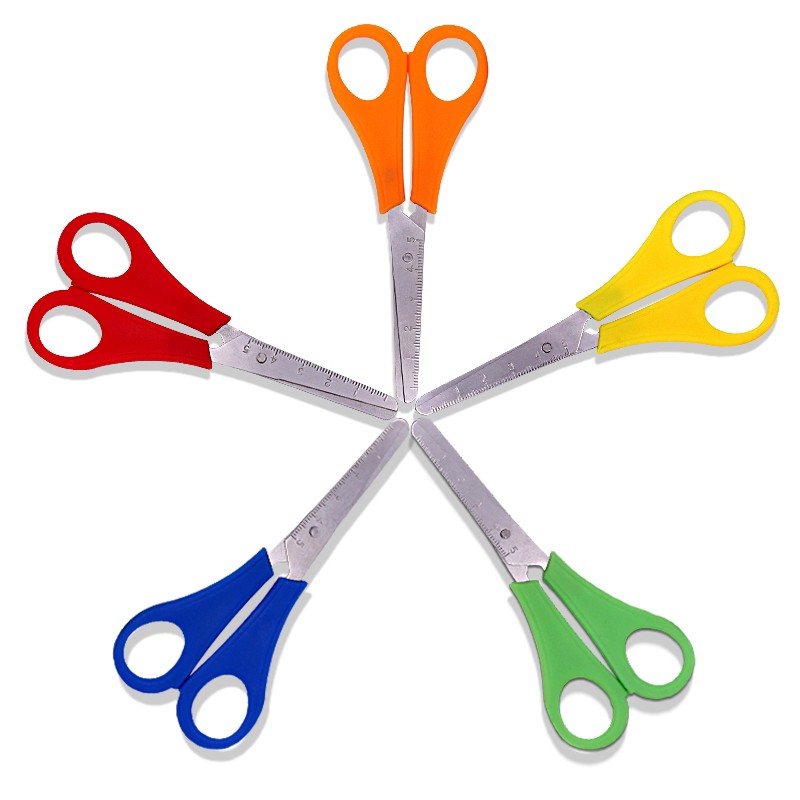 قیچی کاغذ خط کش دار رنگی (نوک گرد) STAINLESS STEEL دارای تیغه فولادی ضد زنگ،دارای رنگ شفاف،مناسب برای مدرسه و کودکان