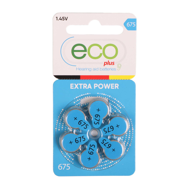 باتری سمعکی شماره 675 برند اکو پلاس (eco plus) با قابلیت ماندگاری طولانی،ساخت آلمان،شامل یک ورق 6 عددی (باطری سمعک)