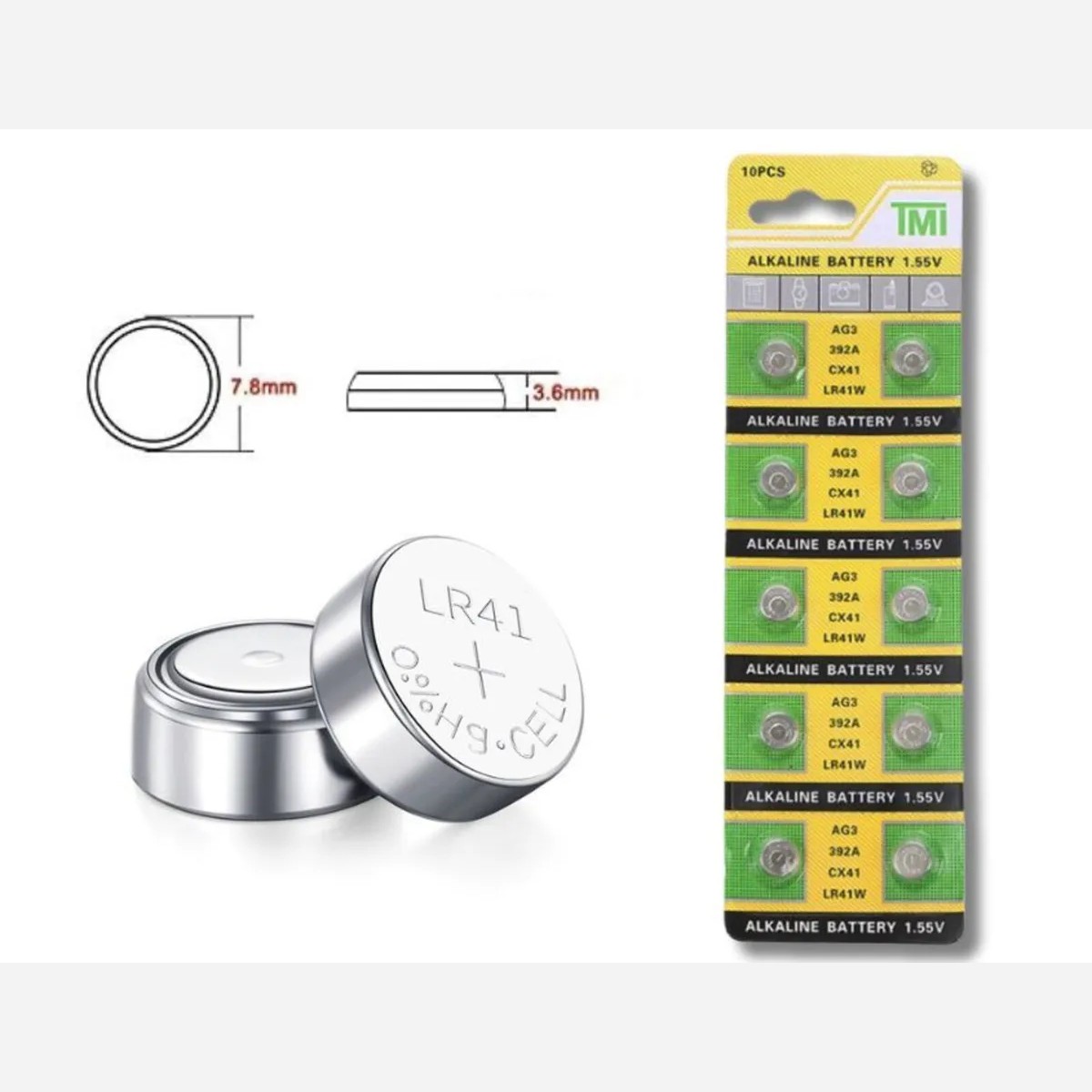 باتری ساعتی آلکالاین TMI مدل AG3/392A/CX41/LR41W مناسب برای اسباب بازی،دماسنج دیجیتال،بعضی از ساعت ها و... (پک 10 عددی)
