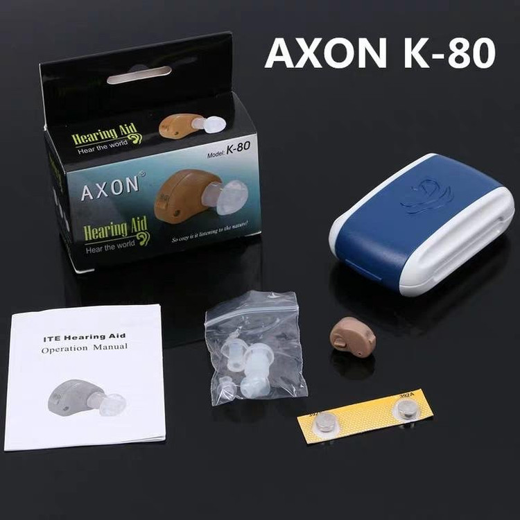 سمعک شنوایی باتری خور (داخل گوش) نامرئی برند AXON مدل K-80،رنگ کرم،بدون نیاز به قالب گیری (مجهز به سیستم ANC) کیفیت عالی