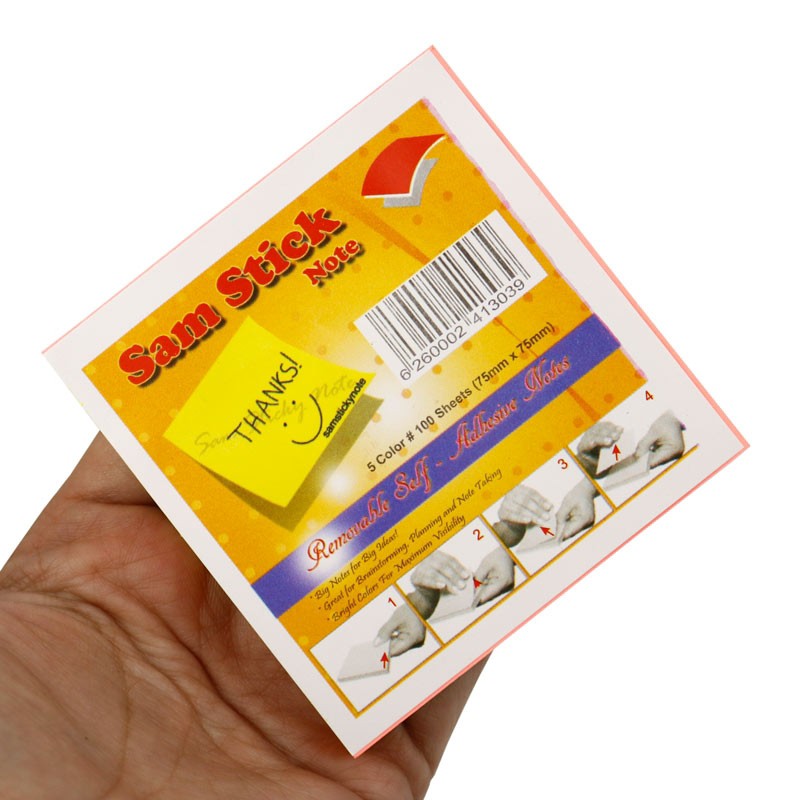 کاغذ یادداشت چسب دار رنگی سام استیک مدل بدون خط سایز 7.5 در 7.5 سانتی متر (بسته 100 برگی)