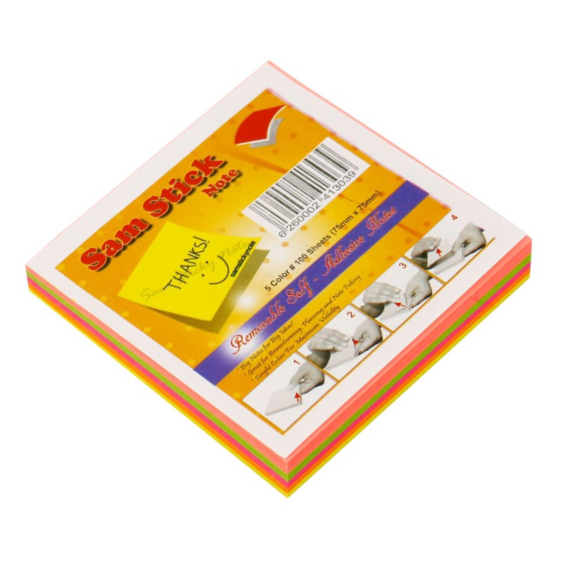 کاغذ یادداشت چسب دار رنگی سام استیک مدل بدون خط سایز 7.5 در 7.5 سانتی متر (بسته 100 برگی)