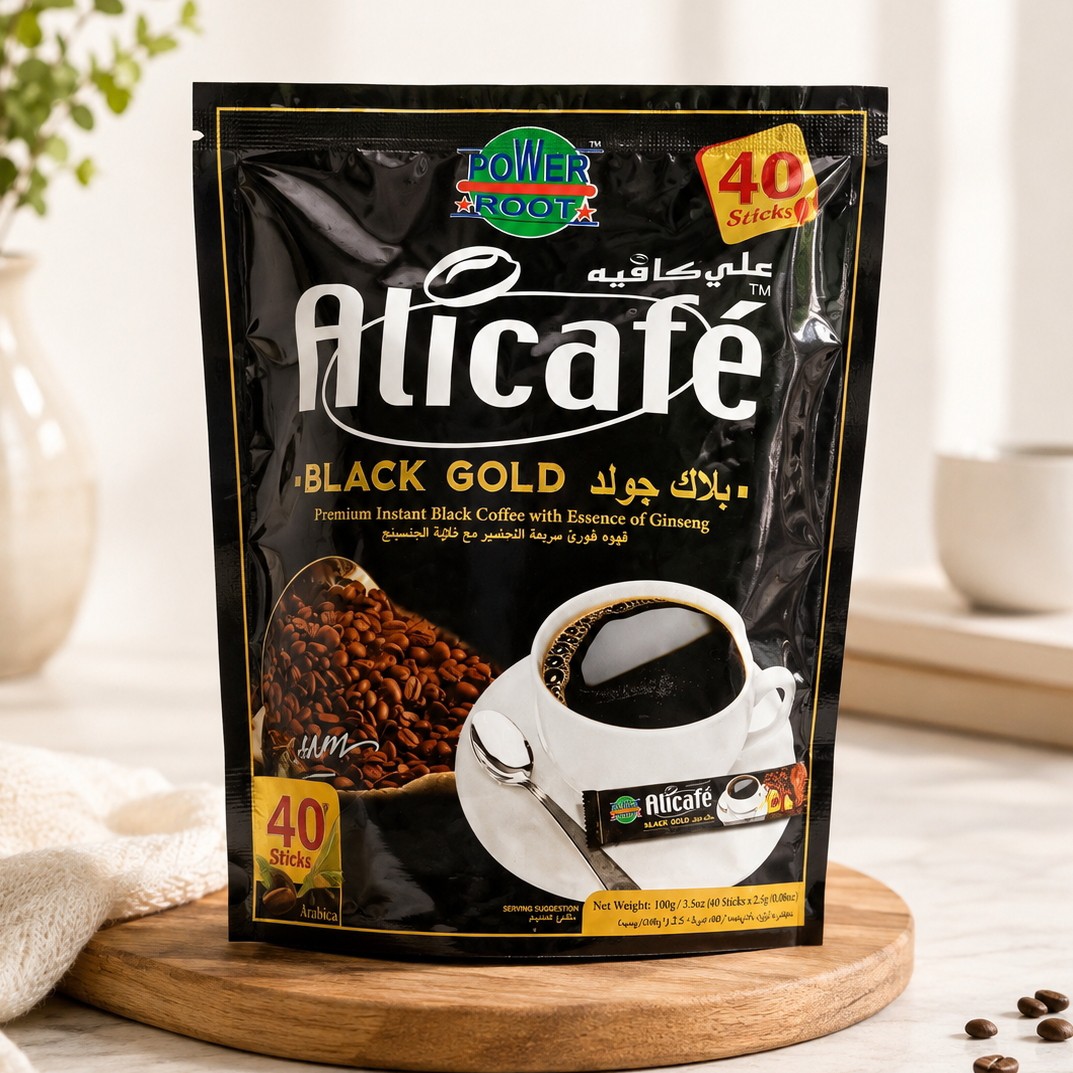پودر قهوه علی کافه مدل Black Gold،شامل 40 عدد ساشه قهوه 2.5 گرمی در بسته،حاوی جینسینگ،ساخت کشور مالزی (تخفیف ویژه)