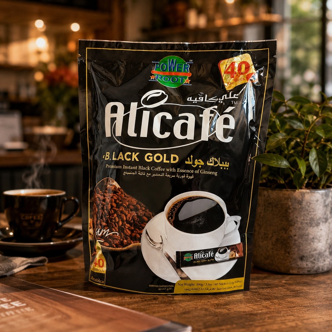 پودر قهوه علی کافه مدل Black Gold،شامل 40 عدد ساشه قهوه 2.5 گرمی در بسته،حاوی جینسینگ،ساخت کشور مالزی (تخفیف ویژه)