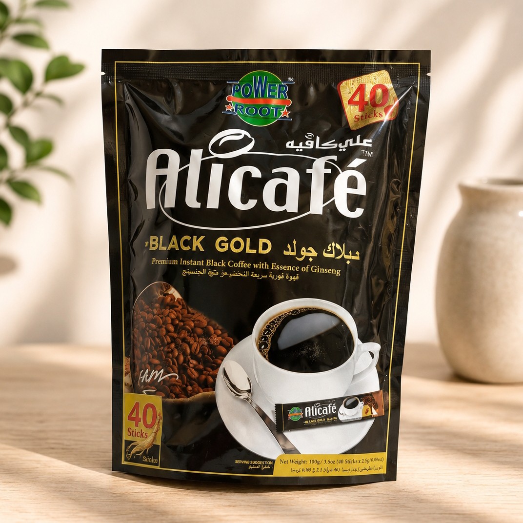 پودر قهوه علی کافه مدل Black Gold،شامل 40 عدد ساشه قهوه 2.5 گرمی در بسته،حاوی جینسینگ،ساخت کشور مالزی (تخفیف ویژه)