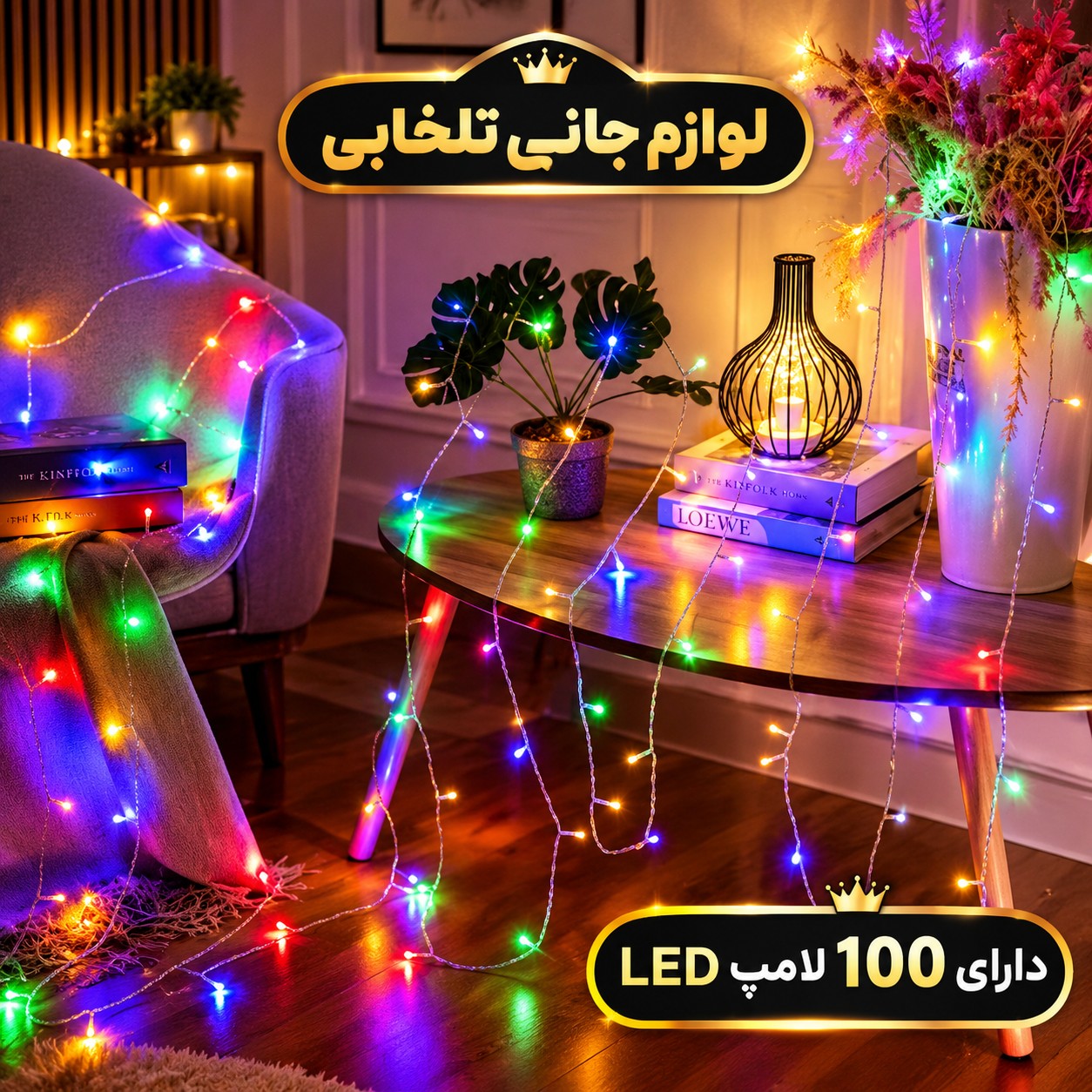 ریسه ال ای دی تم تولد به طول 9 متر،دارای 100 لامپ LED،دارای ریموت کنترل،دارای 8 حالت نوردهی کند،تند،چشمک زن،ثابت و ...