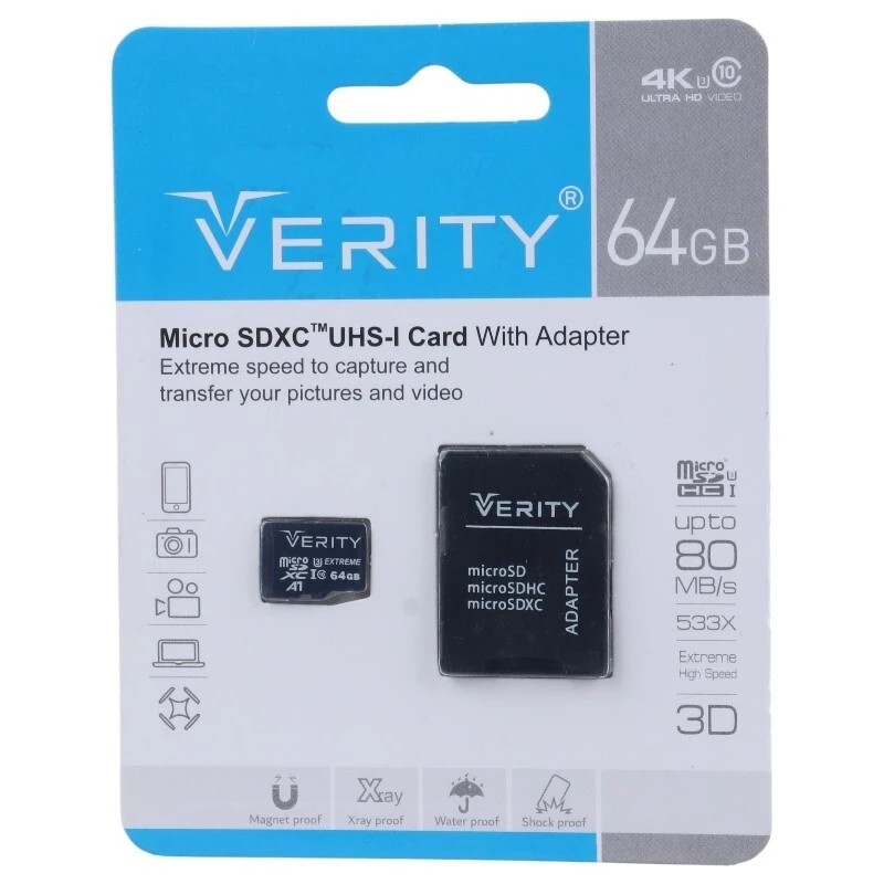 رم میکرو اس دی Verity با استاندارد سرعت U3 و ظرفیت 64 گیگابایت به همراه خشاب (تخفیف ویژه)