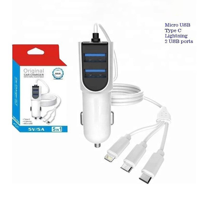 شارژر فندکی 5 کاره مدل WKN-03A مجهز به 3 کابل متصل لایتنینگ،تایپ سی،میکرو USB و 2 پورت USB برای شارژ همزمان 5 دستگاه